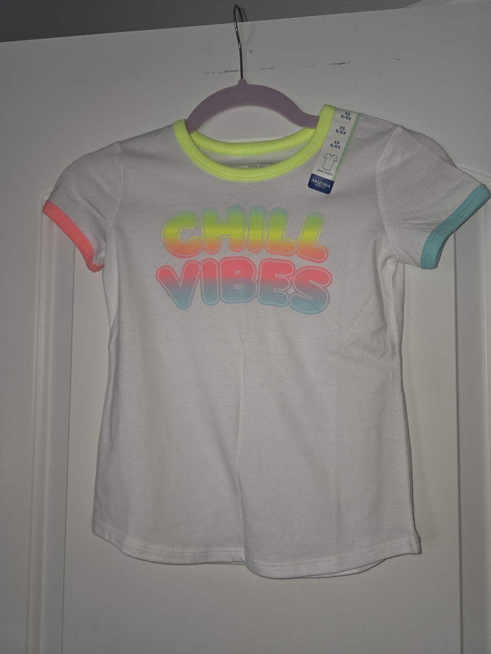 Arizona Jean Company White Tee with Neon Yellow, Pink & Aqua Trim